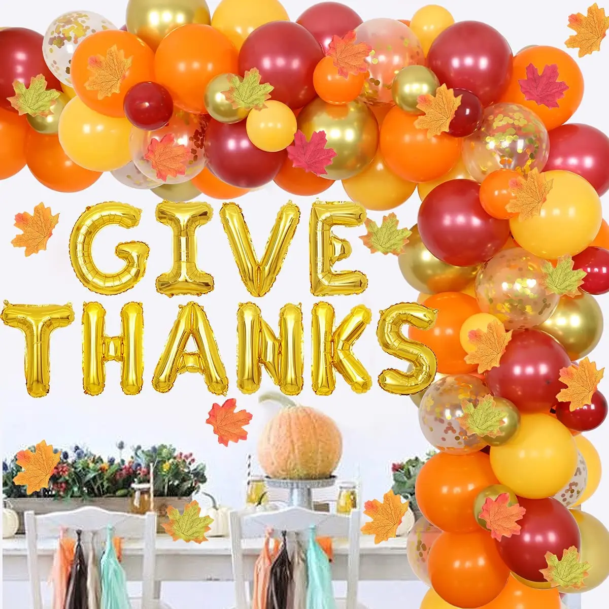 

Thanksgiving Balloons Garland Arch Kit Burgundy Orange Give Thanks Balloons Maple Leaves for Autumn Birthday Party Decorations