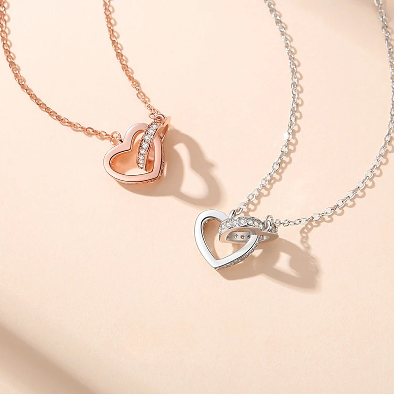 925 Sterling Silber Doppelherz Zirkon Anhänger Halsketten Damen Luxus Qualitätsschmuck Roségold Strass Tropfen Schlüsselbein-Ketten – Detail 7