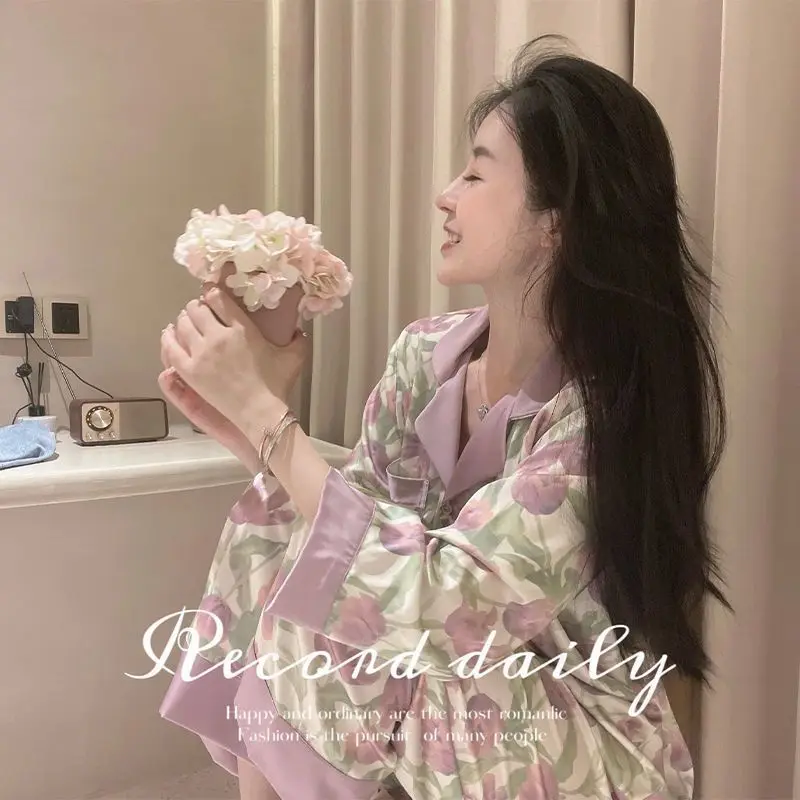 Ice Silk Pyjamas Female 2024 Summer New Sense of Light Luxury Long-Sleeved Thin Section of Homewear Suit Can Be Worn Outside