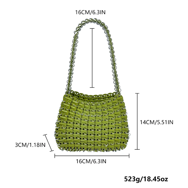26 New Green Metal Sequins Chain Woven HandBag Luxury Designer Women's Hand Woven Hollow Metal Chain Evening Clutch Purses