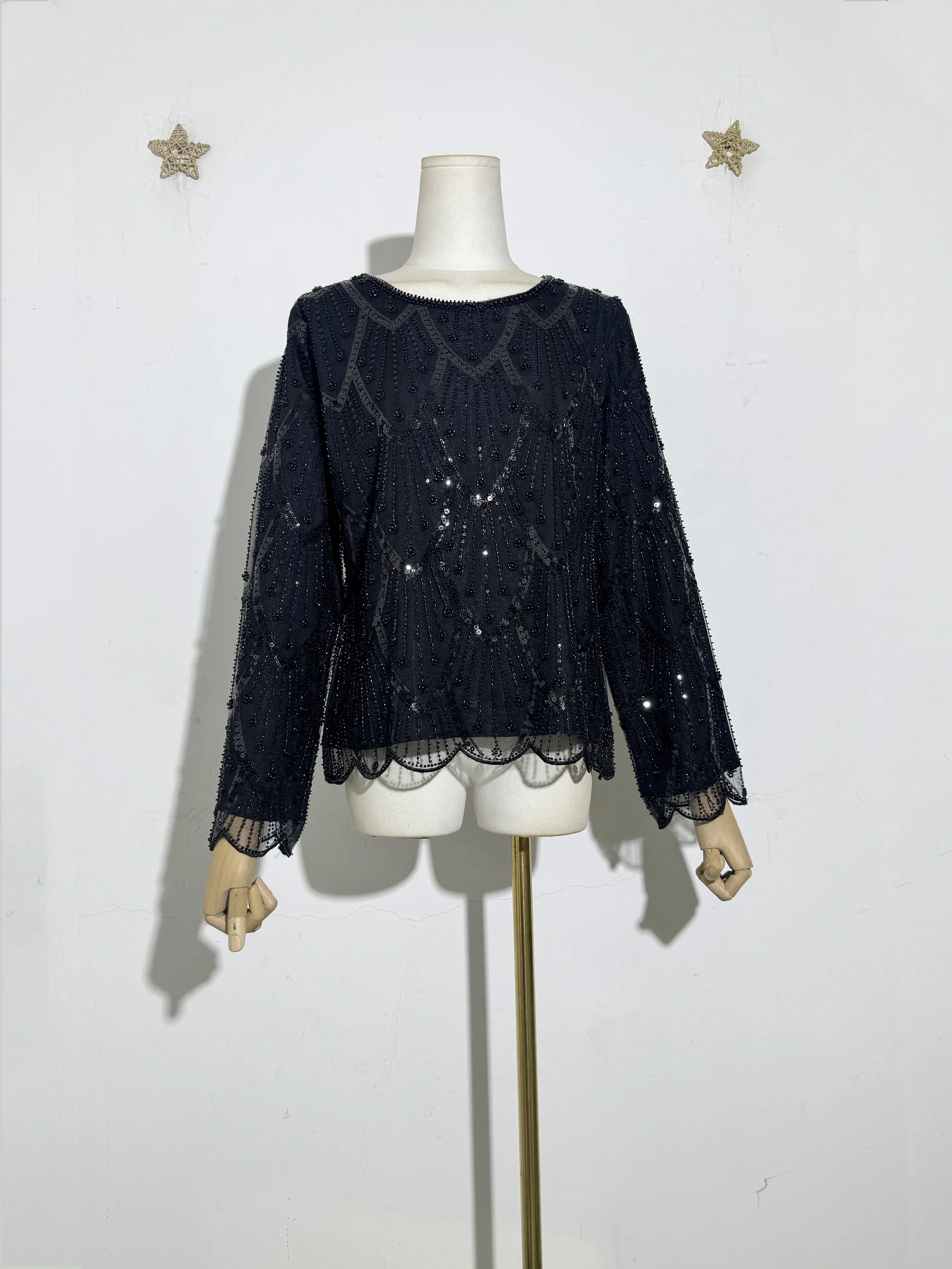 

Новая женская блузка из бисера в винтажном стиле, вдохновленная в стиле ар-деко, пуловер с круглым вырезом и длинными рукавами, пуловер с жемчужными пайетками, рубашка, топ с зубчатым краем