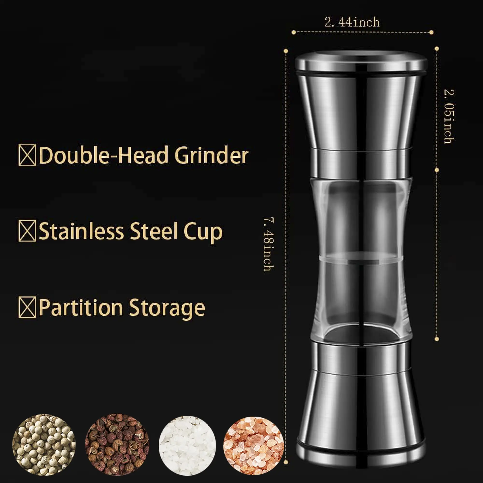 2-in-1 Adjustable Pepper Salt Grinder - Rustproof Stainless Steel Manual Mill with Double Heads & Coarseness Control