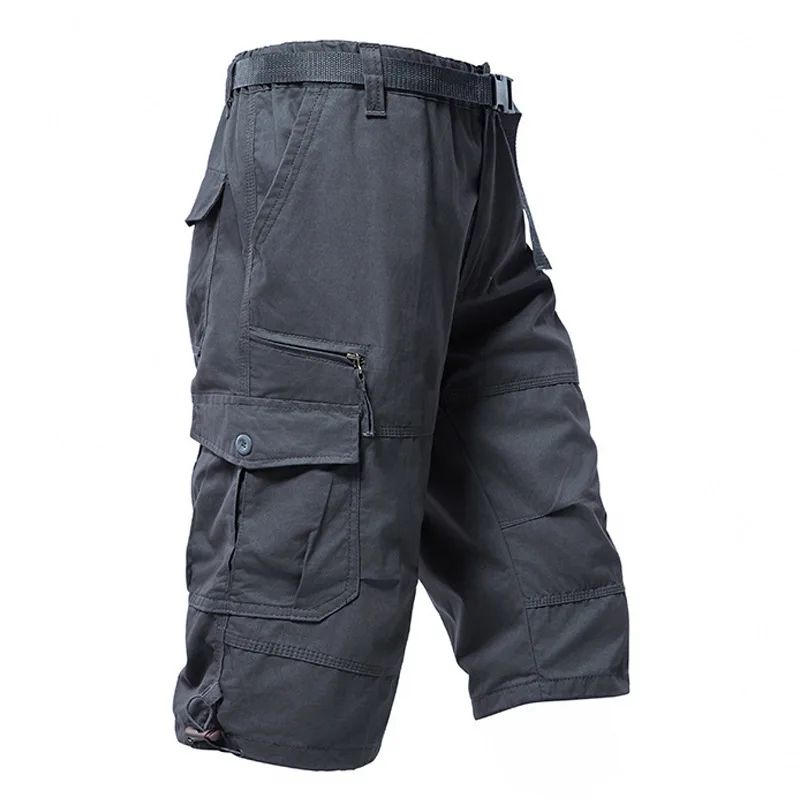 Men's Cotton 3/4 Pants Loose Plus Size Multi-Pocket Cargo Shorts Summer Fashion Knee-Length Breeches