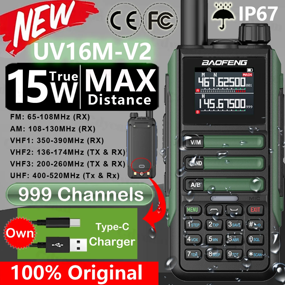 Upgrade Baofeng UV16M V2 Walkie Talkie 15W High Capacity AM FM 2-Way Radio Full Band LCD 999CH Frequency Copy NOAA Noise Reduce