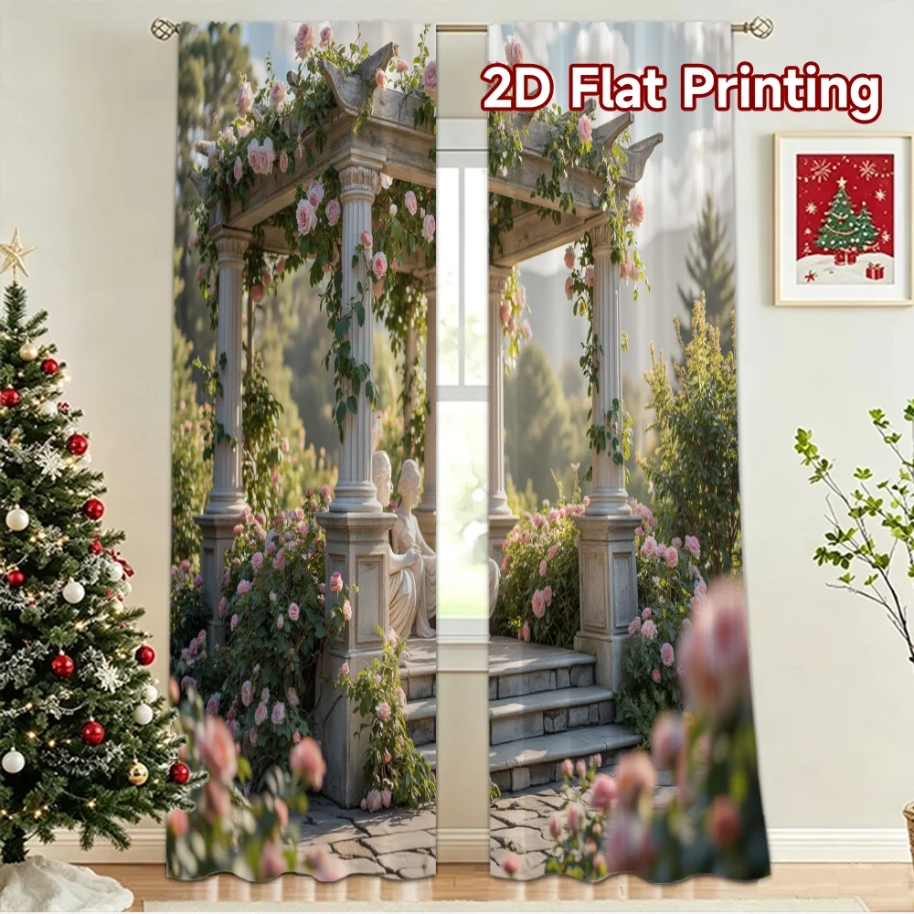 2D flat 2pcs Curtain Retro Country Style Wedding Rose Garden Gazebo Durable polyester fiber Festive Holiday Use for New Year and