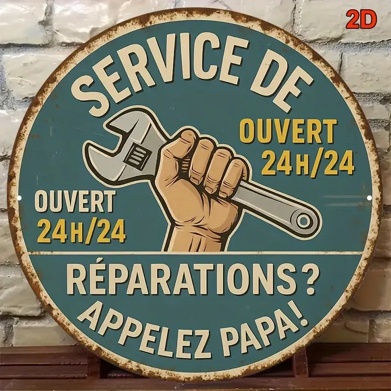 8x8 Inch Round French Vintage Mechanic Wall Sign - Artificial  Blue & White Rustic Garage Decor with Icon (Wrench) - 24/7 Repair