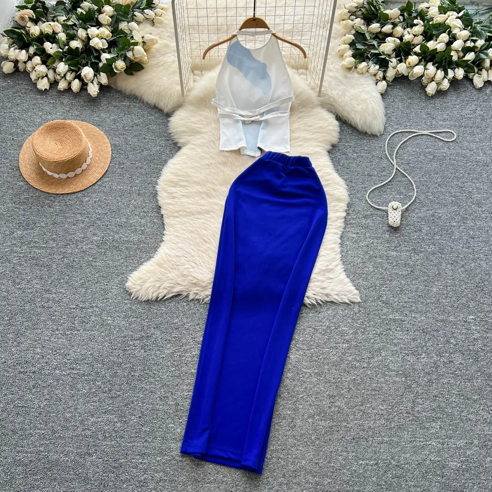 Gaun pensil tanpa lengan motif seksi antik pakaian wanita liburan Fairycore pantai musim panas yang Chic Set dua potong