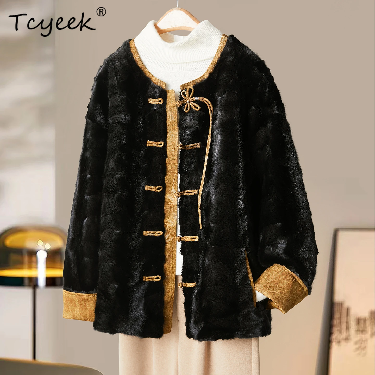 Tcyeek Real Mink Fur Coat Women Winter Clothes Patchwork Mink Womens Coat Warm Real Fur New in Coats Vinatge Fourrure Femme