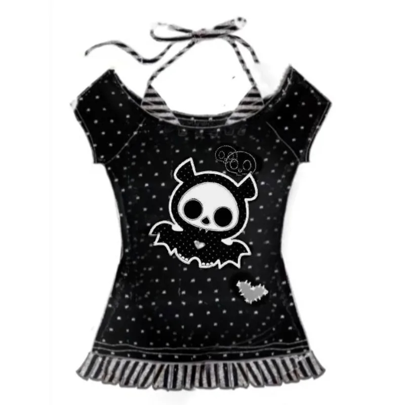

HOUZHOU Y2k Black Graphic Women T-Shirts Kawaii Vintage Polka Dot Ruffles Punk Fake Two Piece Tees Slim Japanese Fashion Gyaru