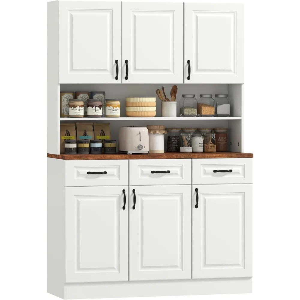 

"71 Inch Freestanding Farmhouse Kitchen Pantry Cabinet with 2-Tier Microwave Stand, 3 Drawers, and 6 Shelves Storage Solution"