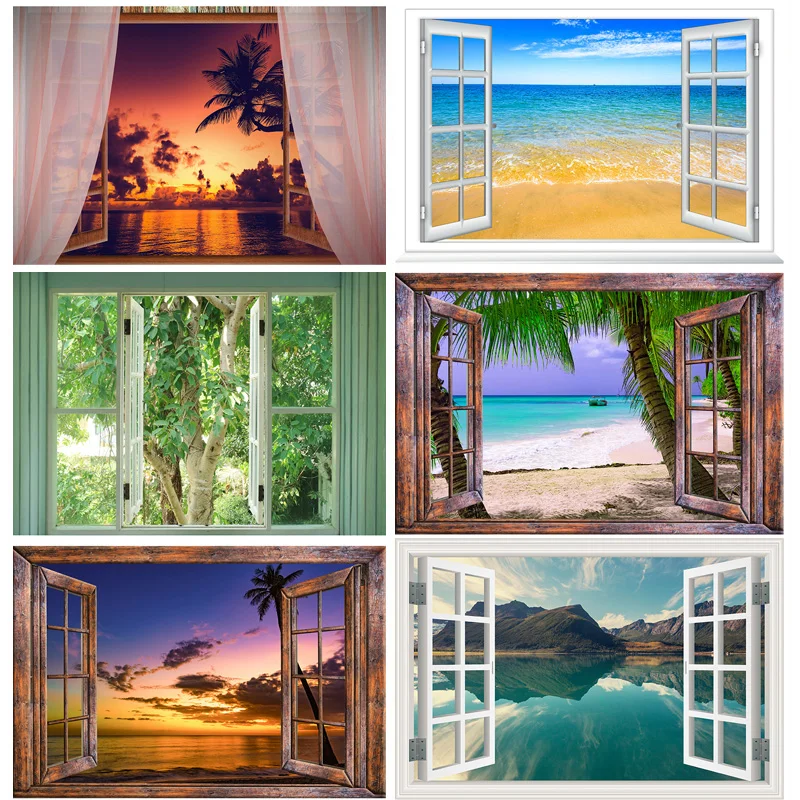 Wall Poster Open Window Sea Sunset Photography Backdrops Living Room Decoration Banner Beach Landscape Photo Studio Background