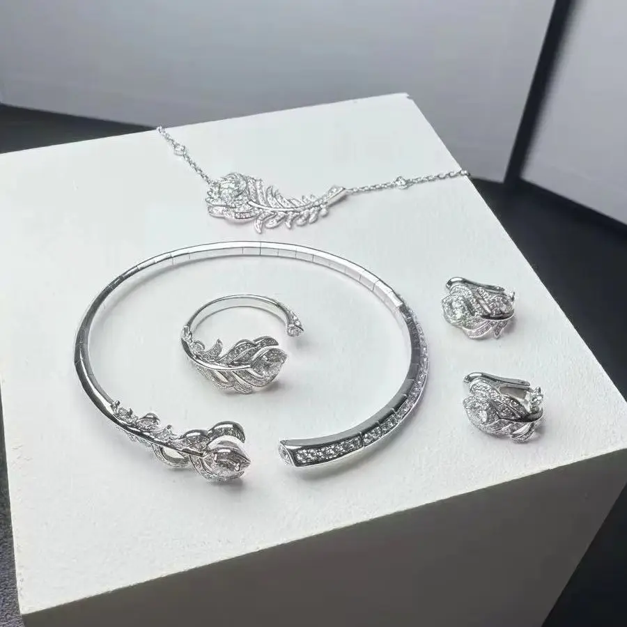 Unique design Feather Fashion Women's Bracelet Necklace Earrings Ring Set 925 Silver Full diamonds AAAAA+ Zircon High quality