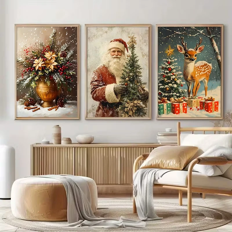 

3pcs Christmas Scene Canvas Picture Wall Art Festive Christmas New Year Home Decoration Snow Flowers Santa Claus Trees Deer