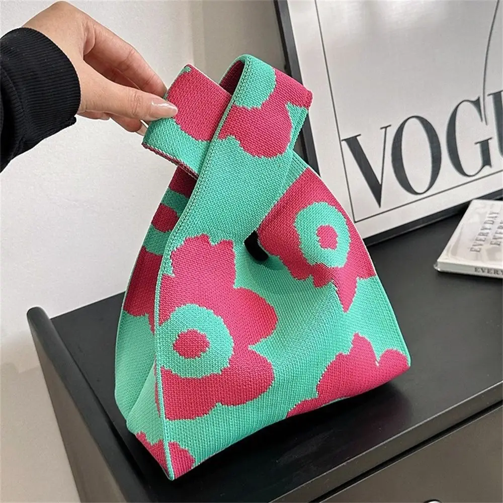 Handmade Knit Handbag Women Flower Knot Wrist Bag Casual Tote Bag Girls Reusable Shopping Bags