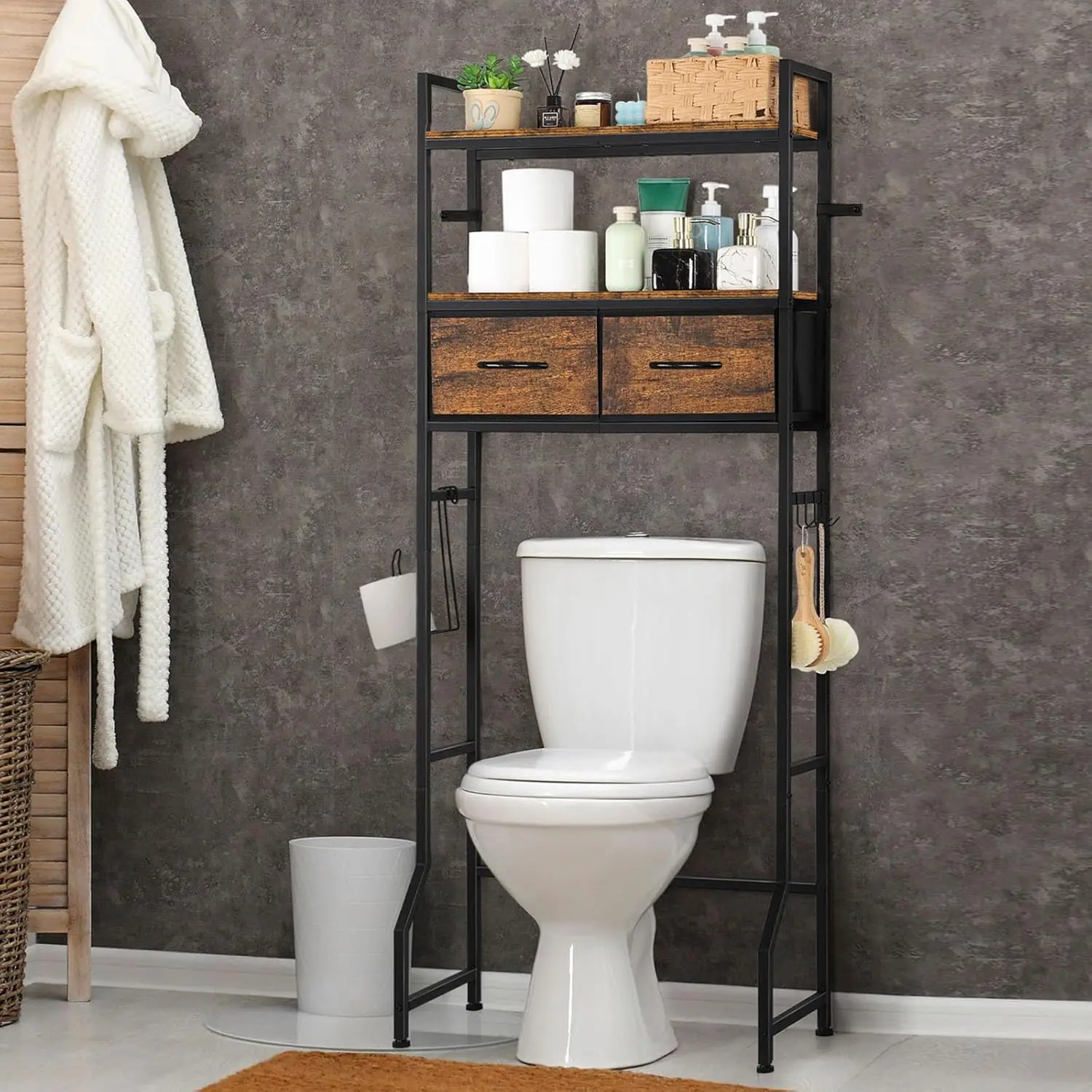 

Freestanding Over-The-Toilet Storage Cabinet with Fabric Drawer, Tall Bathroom Shelf Organizer and Toilet Paper Holder in Brown