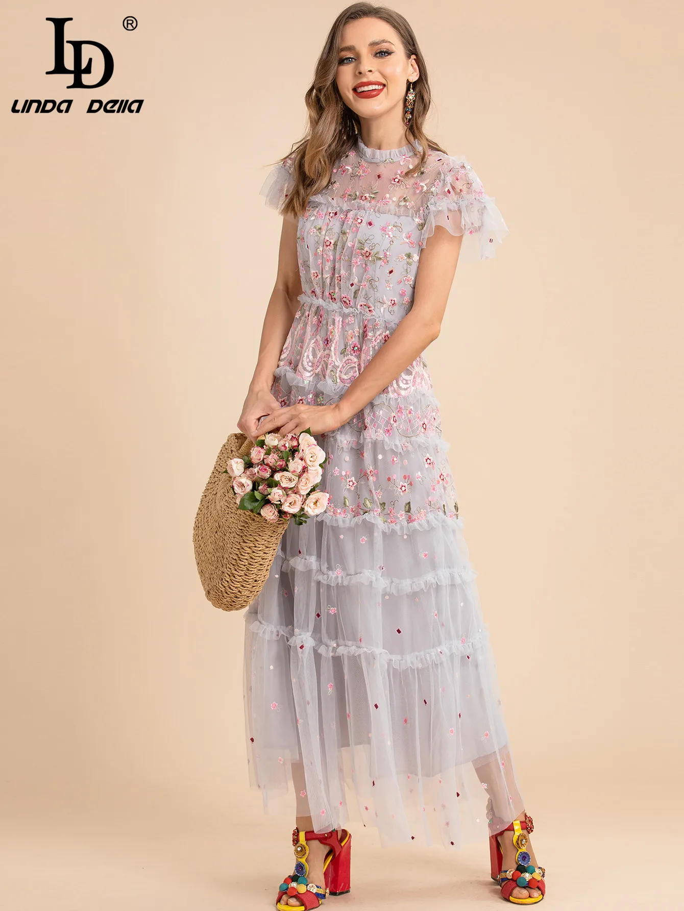 LD LINDA DELLA Fashion Designer Summer Long Mesh Dress Women Short Ruffle Floral Embroidery Vintage Elegant Vacation Party Dress