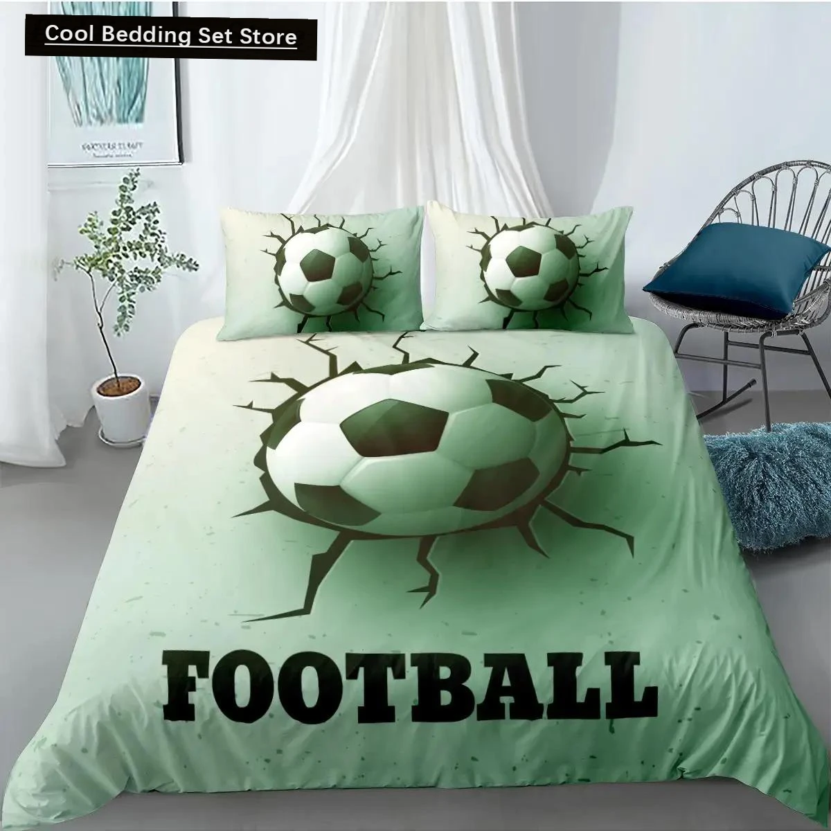 Soccer Duvet Cover Set FootBall and Old Plaster Wall Damage Destruction Punching Bedding Set Teens Queen Polyester Quilt Cover