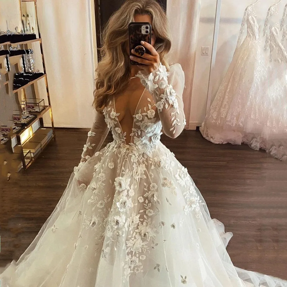 Sexy Deep V-Neck A Line Wedding Dresses Lace Appliques Long Sleeves Flowers Floor Length Bridal Gown Boho Vestido De Novia