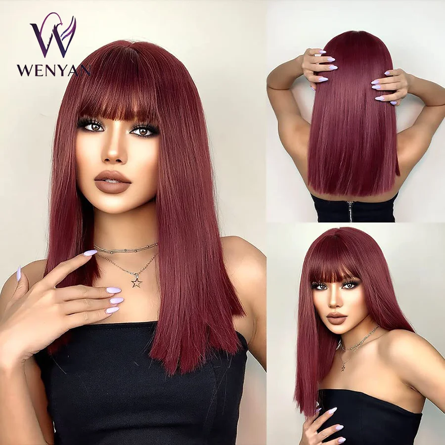 

18inch Short Straight Bob Wigs Burgundy Wine Red Synthetic Wig With Bangs Heat Resistant Cosplay Hair