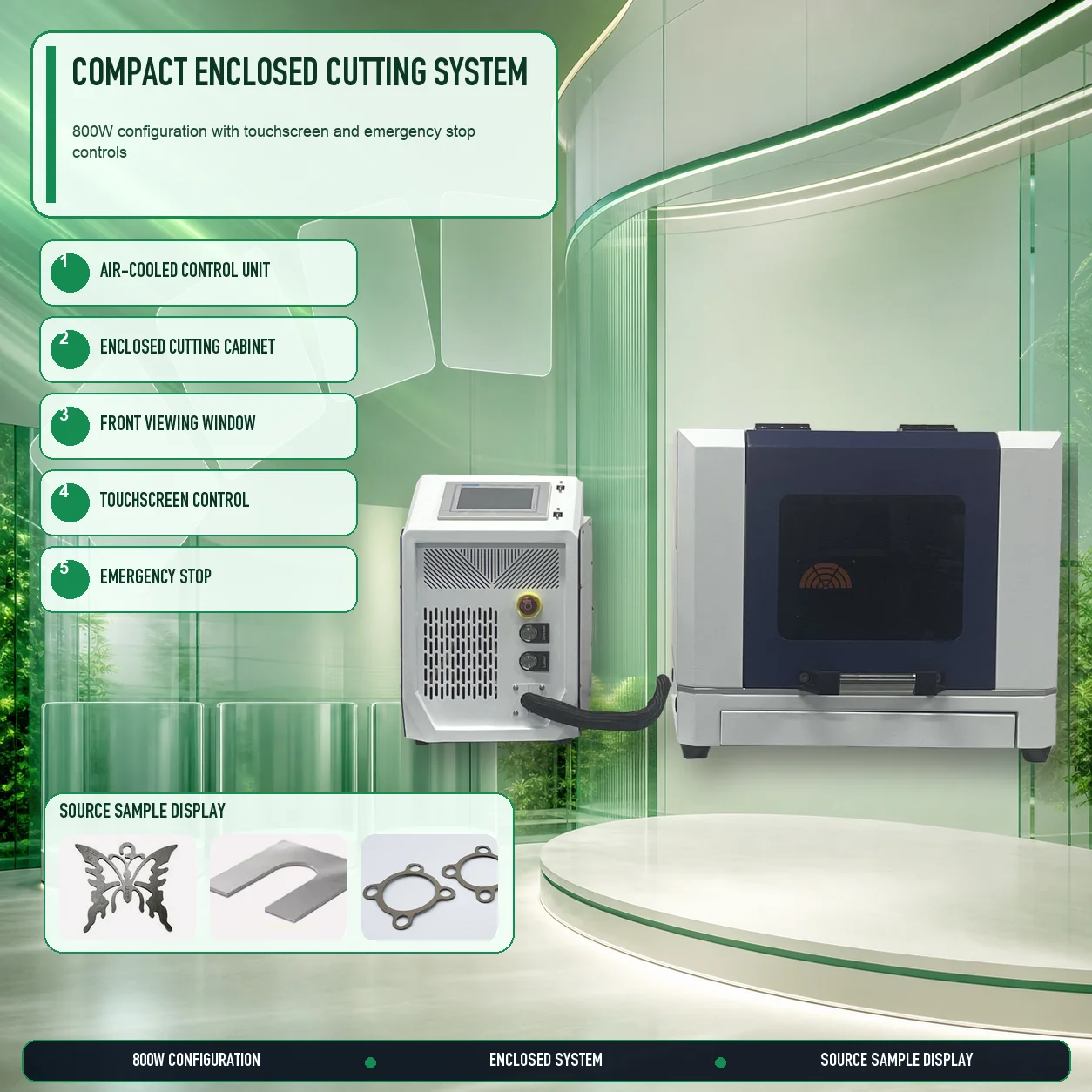 800W Fiber Laser Cutter with Compact Enclosure Touchscreen Control and Front Window