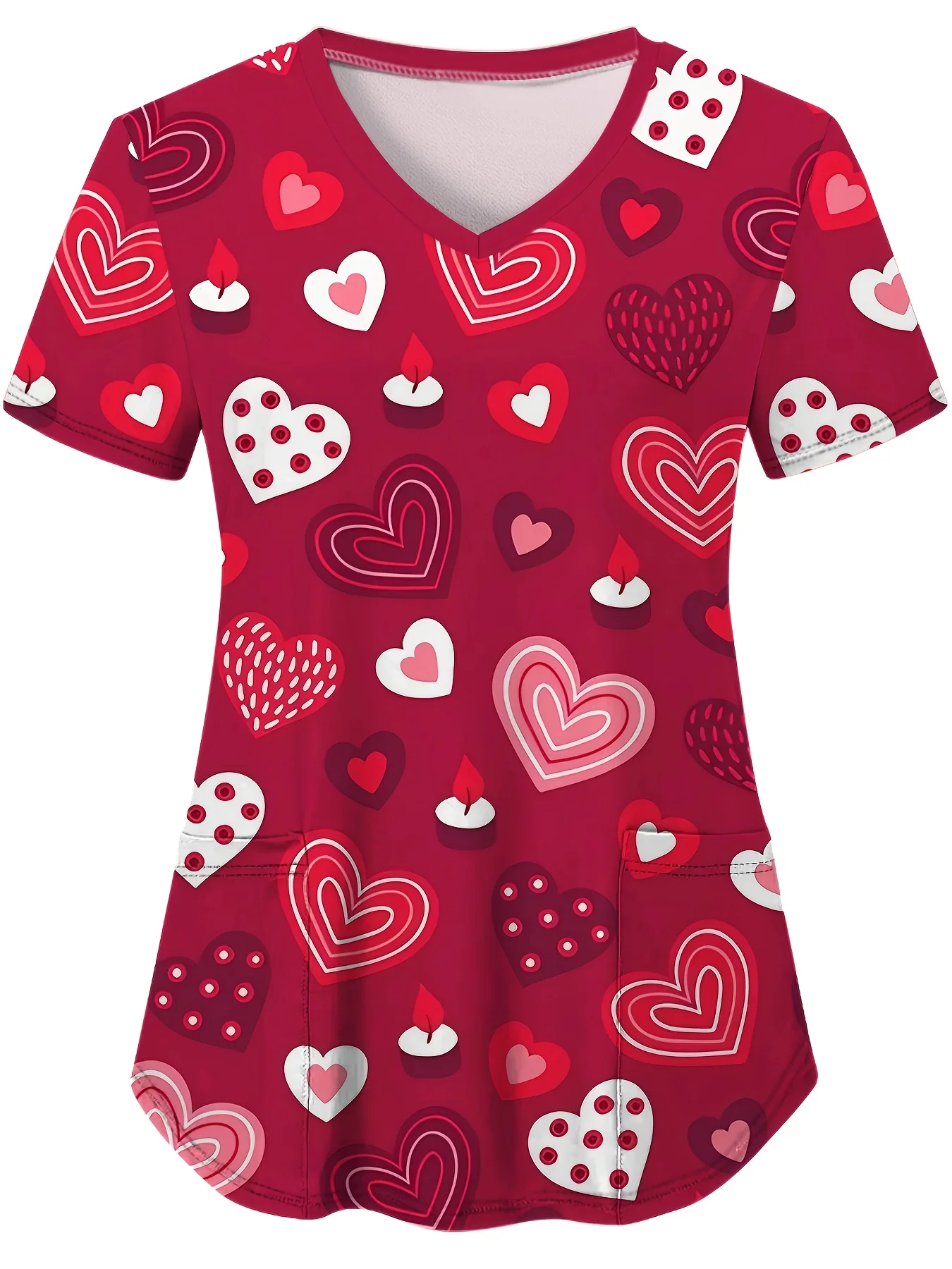 

Очаровательный топ с v-образным вырезом и короткими рукавами с принтом красного сердца, удобная футболка идеально подходит для медсестер и повседневной моды.