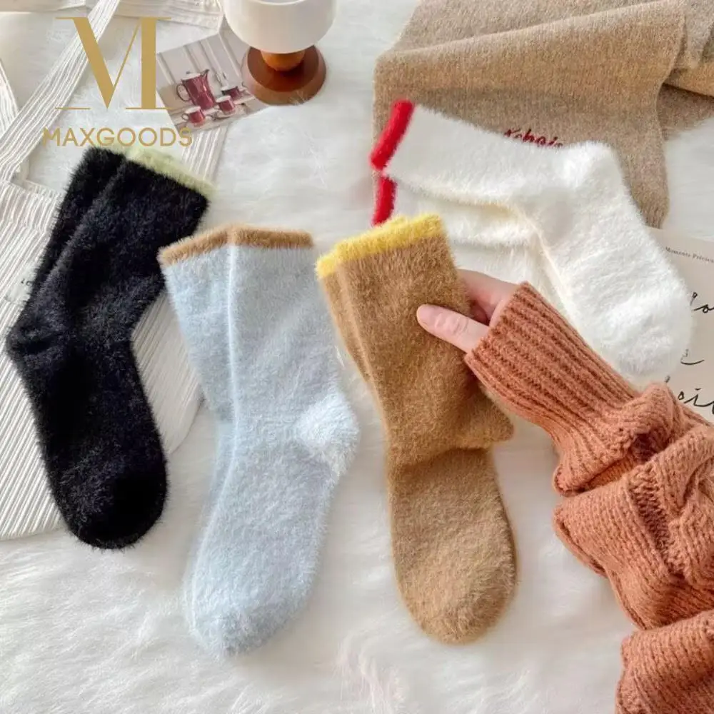 

Soft Colorblock Mink Velvet Socks Thicken Thermal Floor Sock Winter Warm Anti-slip Fluffy Mid Socks