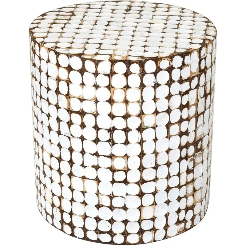 

Round Side Table Real Coconut Shell Mosaic Inlaid, Pre-Assembled, Natural Wood and Patina Finish (White)