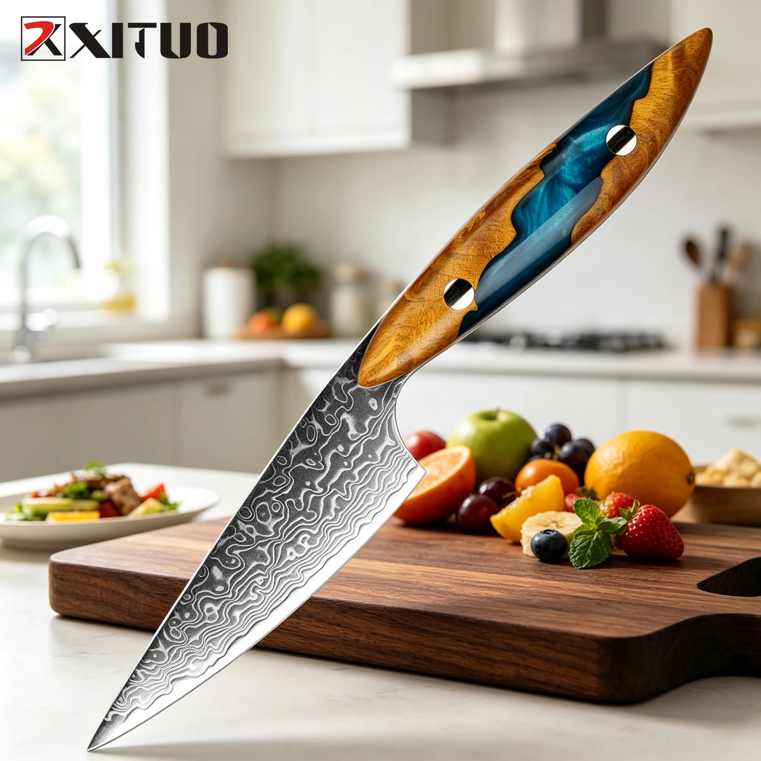 XITUO Japanese Paring Knife 3.5 Inch, Damascus Steel Sharp Kitchen Fruit Knife for Carving Peeling,Resin&Stabilized Wood Handle