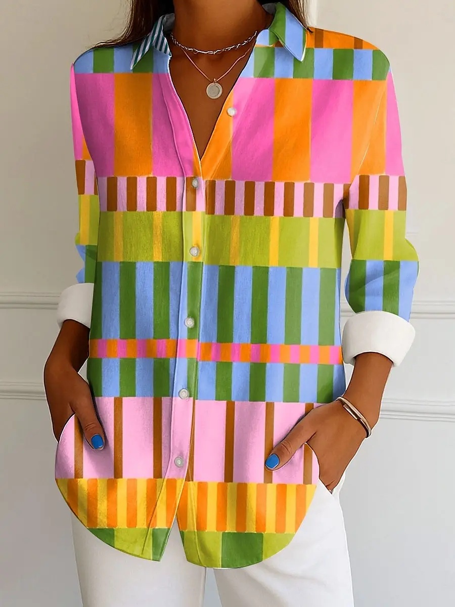 Women's Shirt Graphic Geometric Striped Fashion Tropical Daily Long Sleeve Shirts Collar Regular Tops Daily Buttons Print Summer
