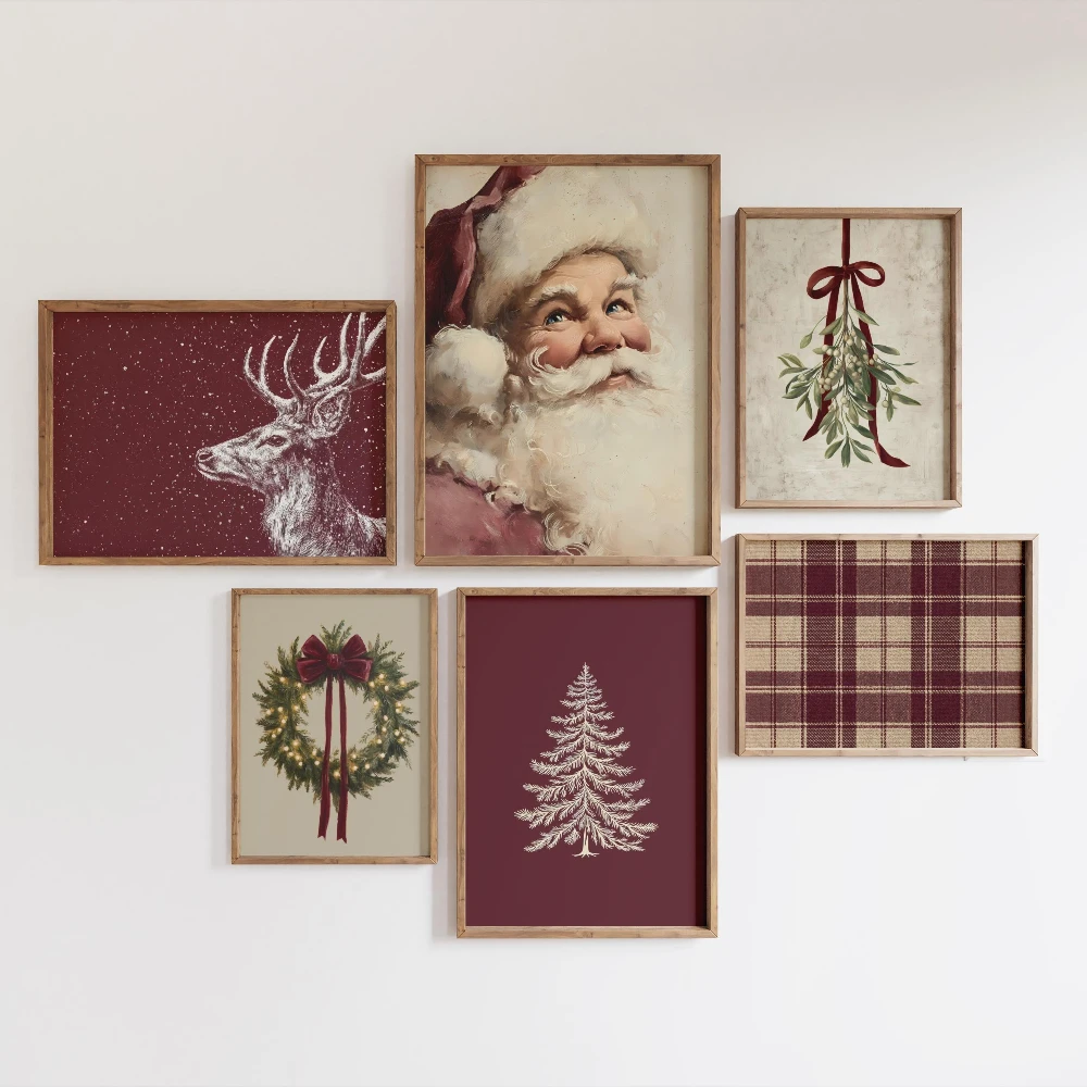 Burgundy Christmas Gallery Wall Art Bundle Vintage Holiday Canvas Prints for Cozy Winter Home Festive Wall Decor Gift Poster