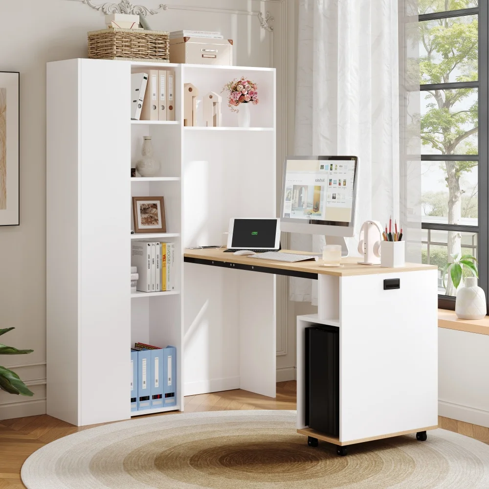 PINGGO 2-in-1 Klappbarer Schreibtisch & Bücherregal mit Steckdose USB-Anschluss Verstellbare Regale Kippschutz Weißer Eckschreibtisch Linke Seite