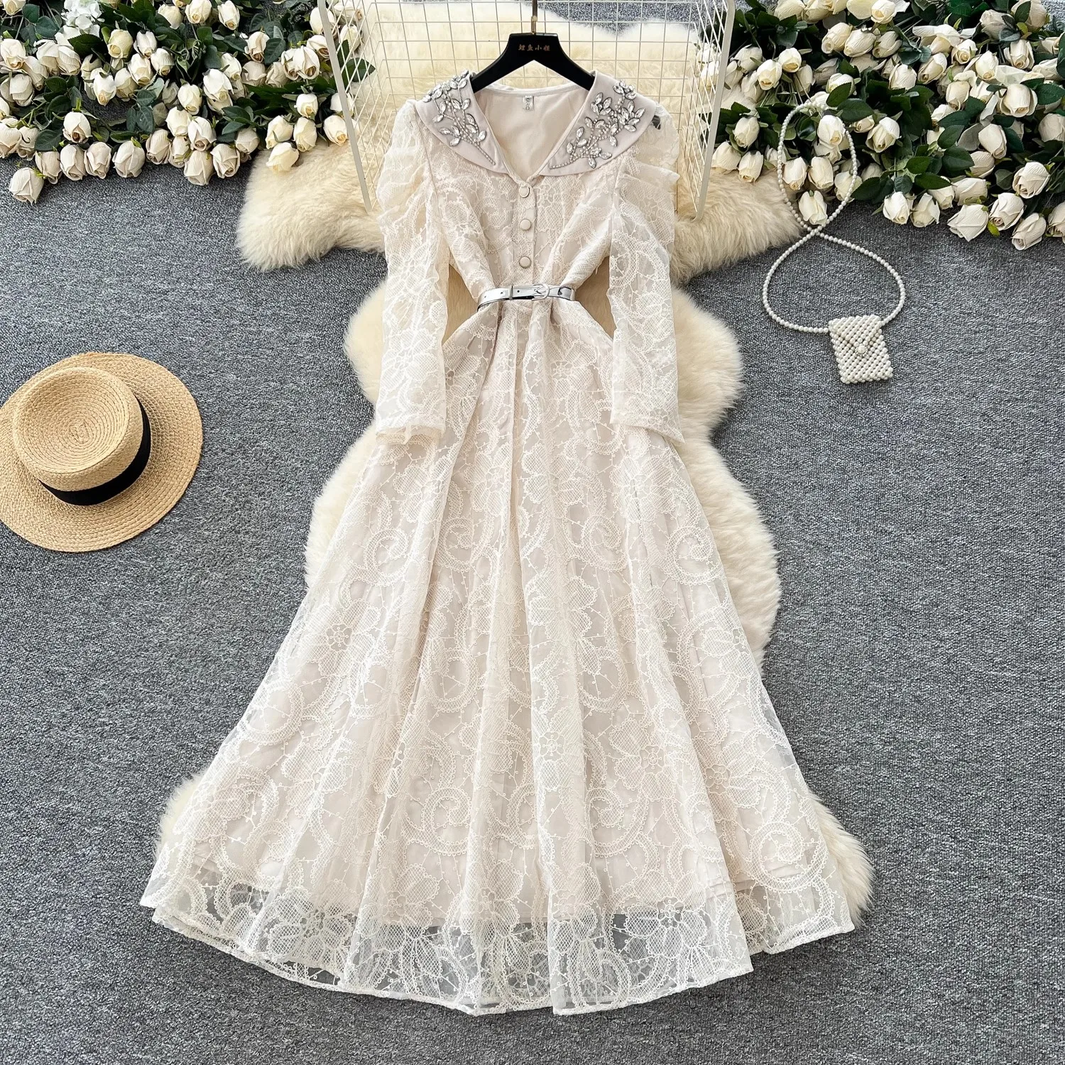 

Luxury Beading Lace Embroidered Formal Evening Dress Women Autumn Long Lantern Sleeve Single-Breasted Belt Party Long Dresses
