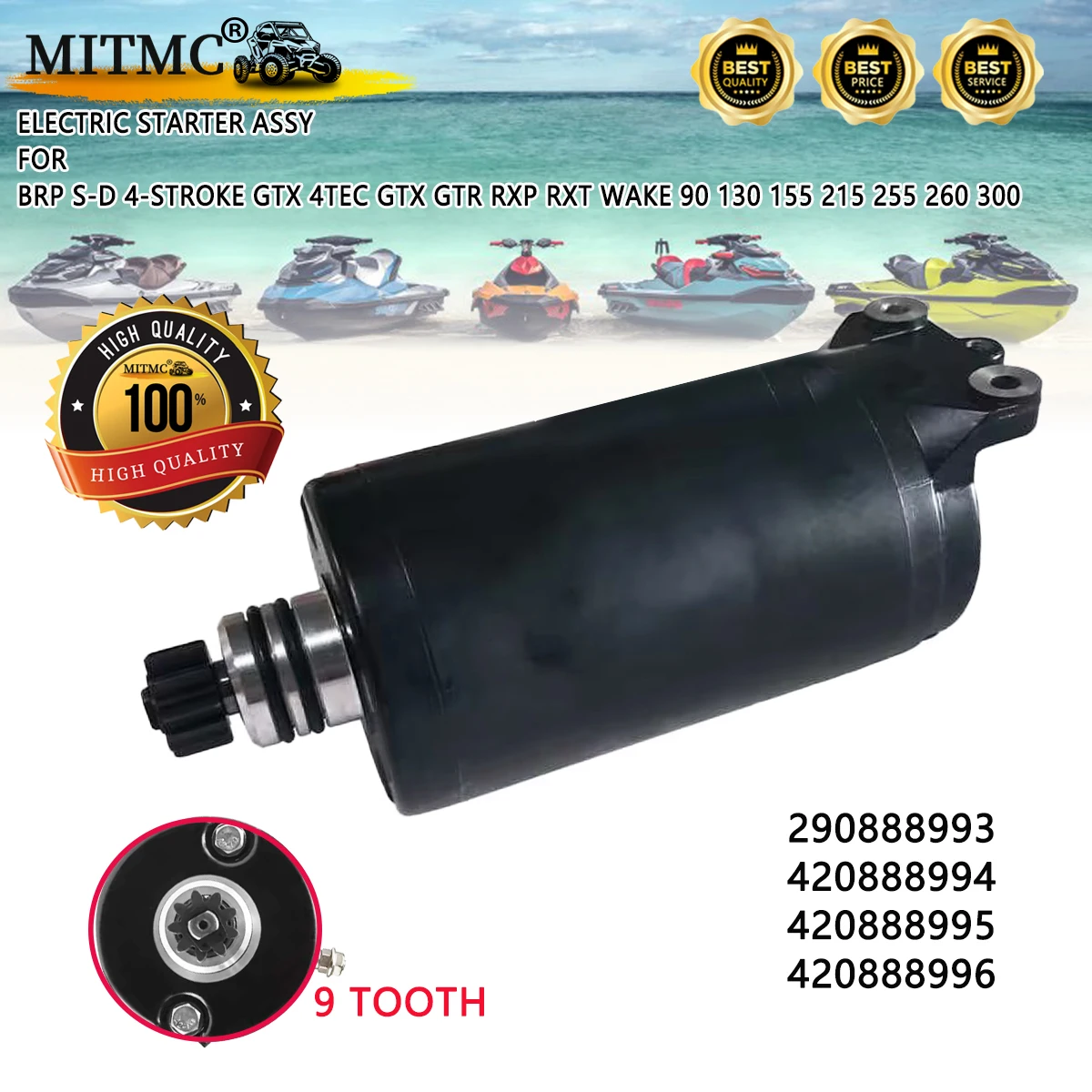 

Электрический стартер в сборе для гидроциклов BRP S-D GTX 4-Tec GTX GTR RXP RXT Wake 90 130 155 215 255 260 300, артикулы 290888993, 420888994, 420888995