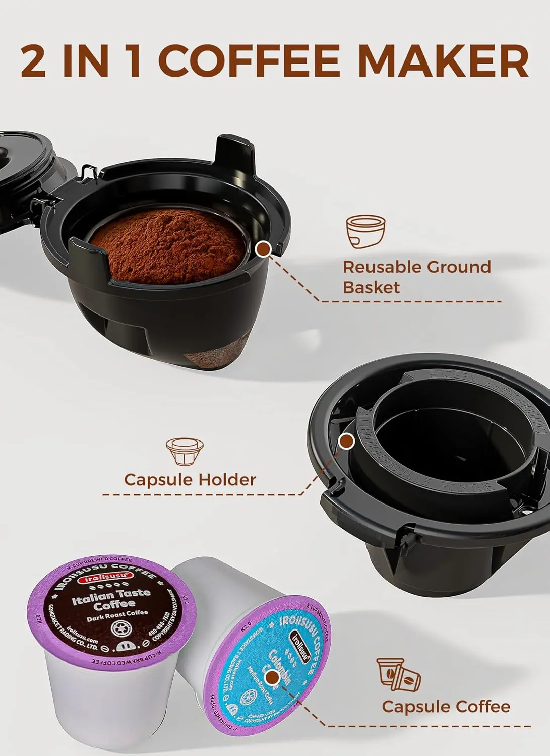 ماكينة صنع القهوة ذات الخدمة الواحدة، ماكينة تحضير القهوة للكبسولة والقهوة المطحونة، ماكينة صنع قهوة الكبسولات مع خزان مياه 40 أونصة، فورية