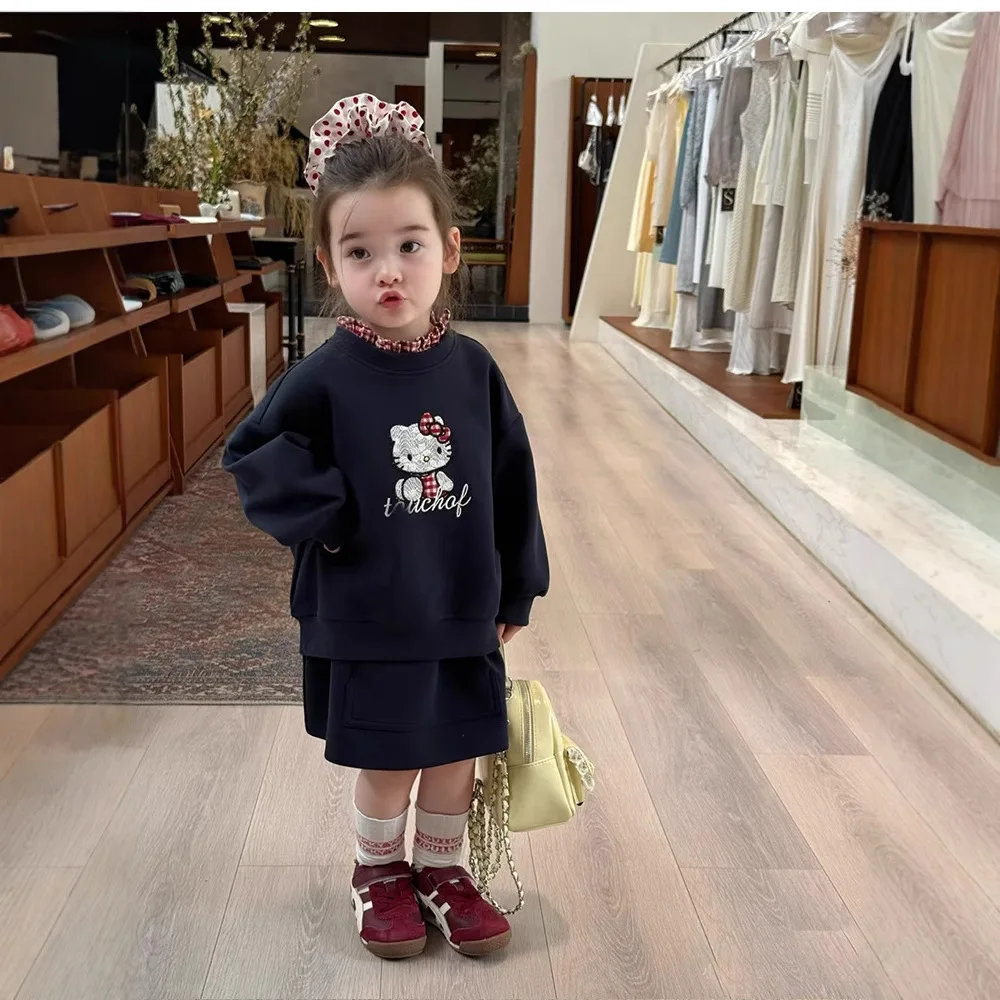 

Sanrio Hello Kitty Autumn Girls' Korean Version Wide Version Cartoon Cute Plaid Sweatshirt Stringy Selvedge and Half Skirt Set