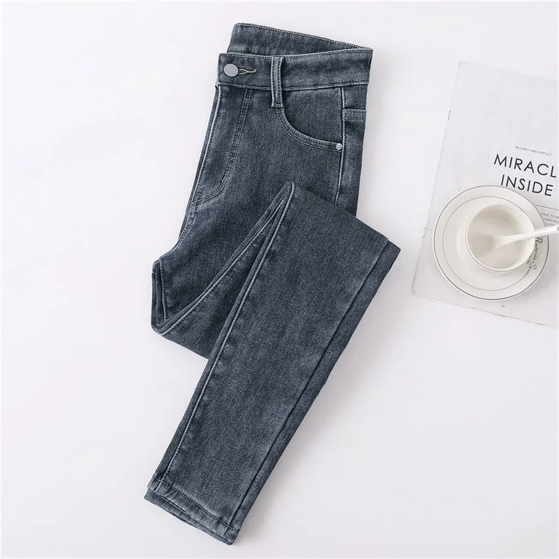 Dicke Weibliche Samt Frauen Hohe Taille Dünne Jeans Einfache Fleece Warme Slim Fit Stretch Damen Winter Casual Denim Bleistift Hosen