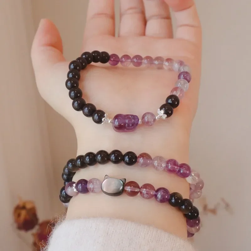 Minar Handmade Clear Purple Black Contrasted Crystal Natural Stone PI Xiu Cat Head Beaded Strand Bracelets for Women Accessories