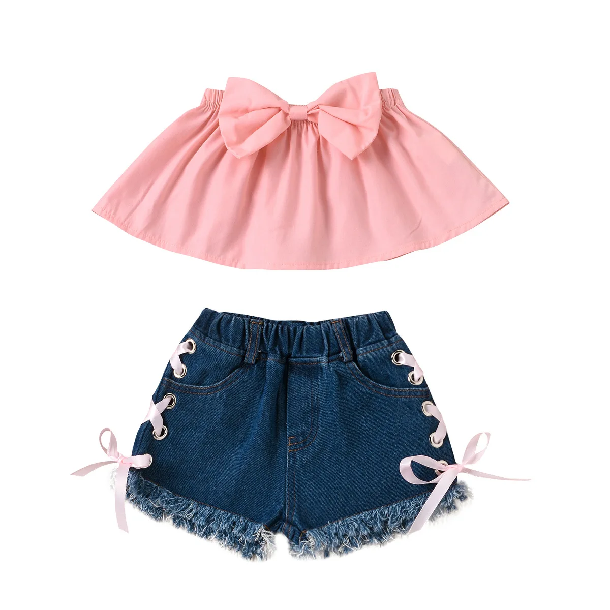 

Summer Cute Girl Clothes Baby Girl Suits Toddler Top Shirt Big Bow and Jean Shorts Kids Fashion Outfits Kids Clothing Children