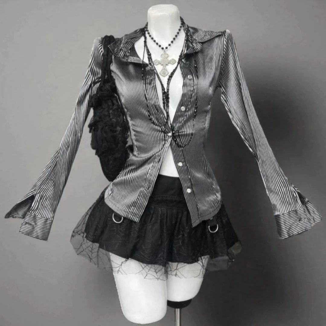 Japonês gótico vintage 2 peça conjunto blusa listrada + saia de bolo fofo nova moda escuro academia jk terno 2025 outono
