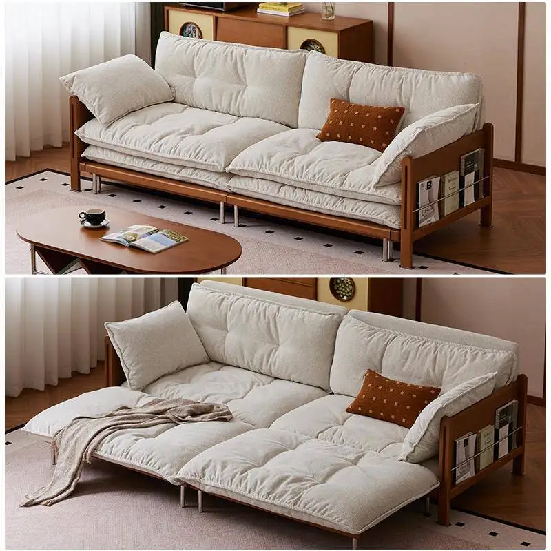 Flowing cloud sofa bed retro style living room folding sofa bed dual-purpose 2025 new simple straight row fabric sofa