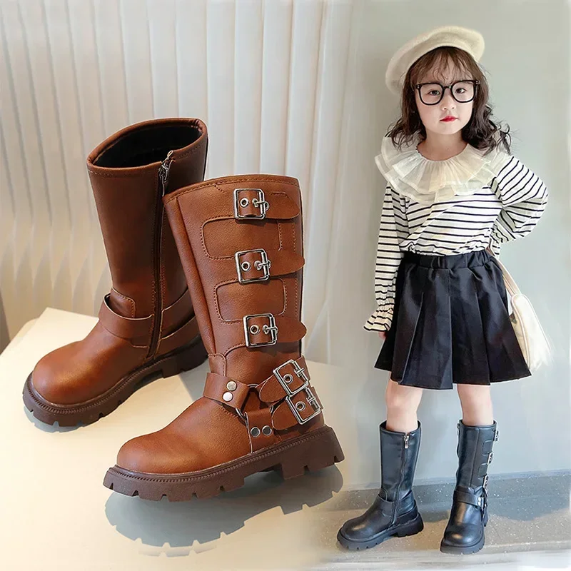 Girls\' Shoes Zip Calf Boots for Girls Kids 2023 Autumn Children\'s  Non-slip Shoe Metal Buckle Fashion Motorcycle Boot 27-37