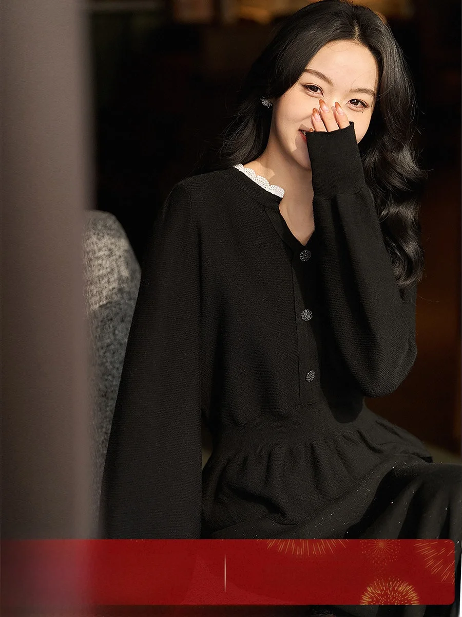 

XiaoHanGe YangZiYarn Knitted Woolen Top 6 Needles Ele Lotus Le Hem OL Sle Soft Long Sve V-Ne ort Length