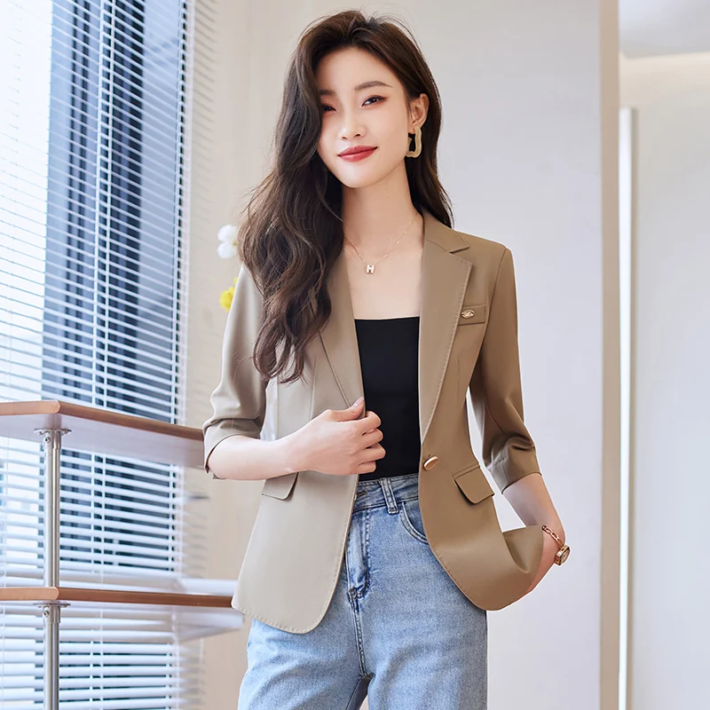 NAVIU Spring Summer Beige Office Lady Blazers Blue Single Button Women Elegant Colthing Half Sleeve Casual Black Suits Coat 2024