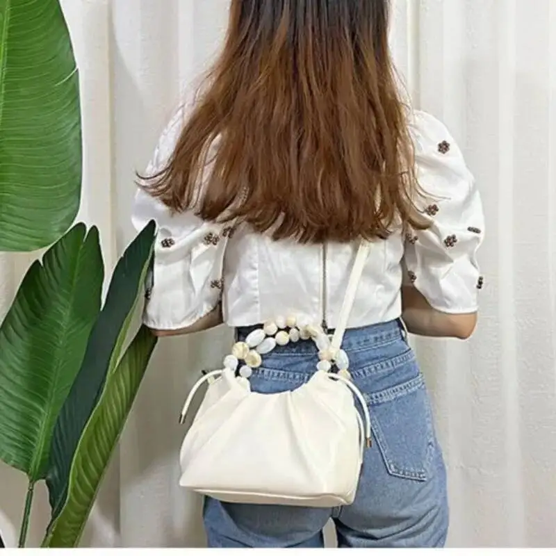 Bloom Elegant White Hand Purses Women Vintage Leather Beading Messenger Bag Female Haruku Casual Crossbody Bags Purse