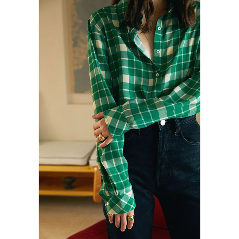 2023 Autumn New Sweet Plaid Long Sleeve Blouses for Women Tailored Collar Button Patchwork Long Sleeve Loose Chiffon Shirt