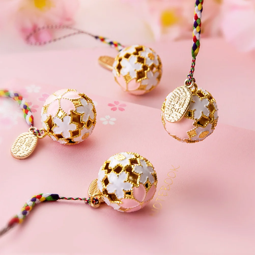 

1 set Bell Set 2.4Cm Pink Brass Hanging Pendant For Home Car Decor Japanese Style Cherry Bell Ornament Gift Party