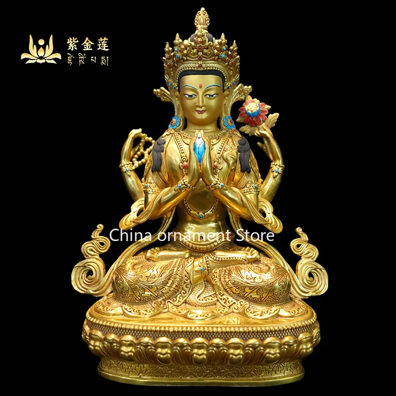 Purple gold lotus, Nepalese Xizang craftsmanship, Tibetan tantra Nepalese gold four-arm pure copper hand-carved ornament
