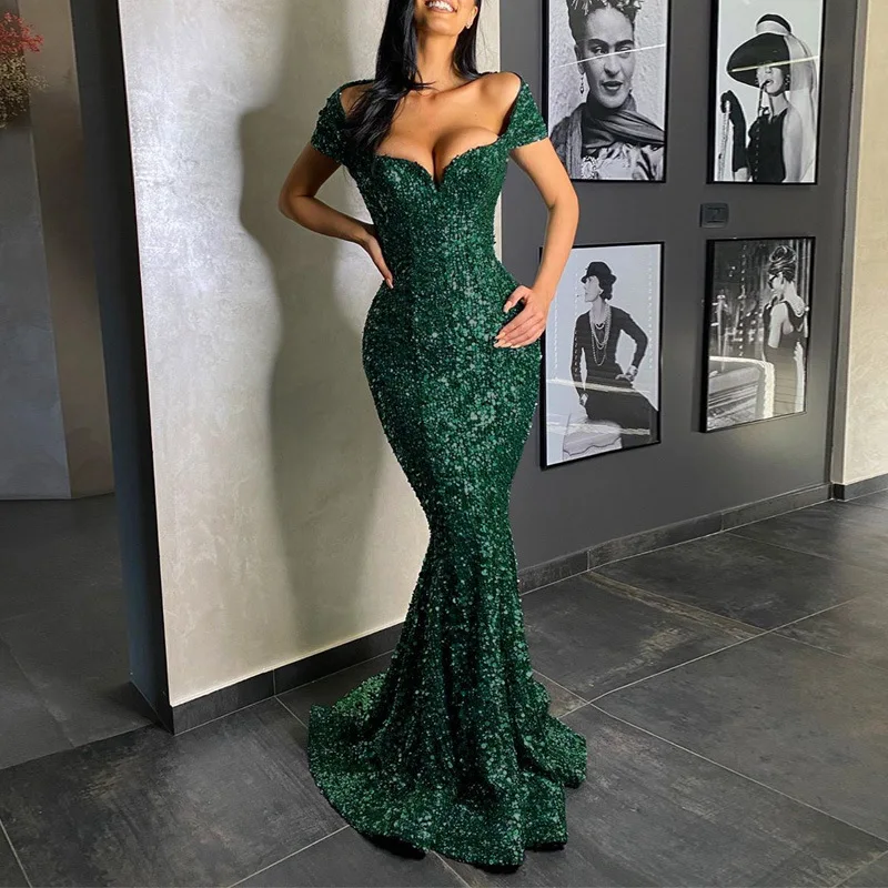 Sexy Women Long Mermaid Cocktail Party Dress Sexy Sequins Boat Neck Evening Dress Luxury Floor Length Vestido De Noche Elegante