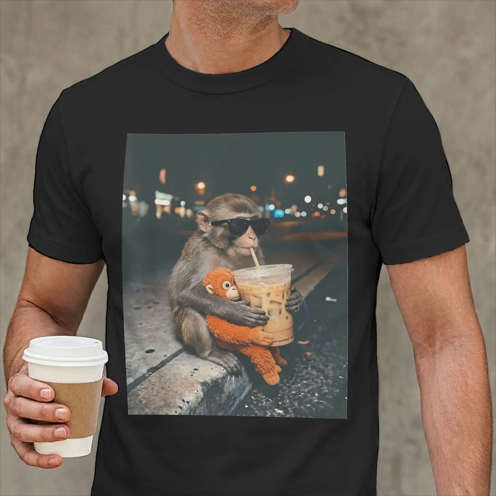 Men T-Shirt Baby Monkey Punch Drinking Iced Coffee with Plushie Funny Cotton Tees Short Sleeve  T Shirts Crewneck Tops Plus Size
