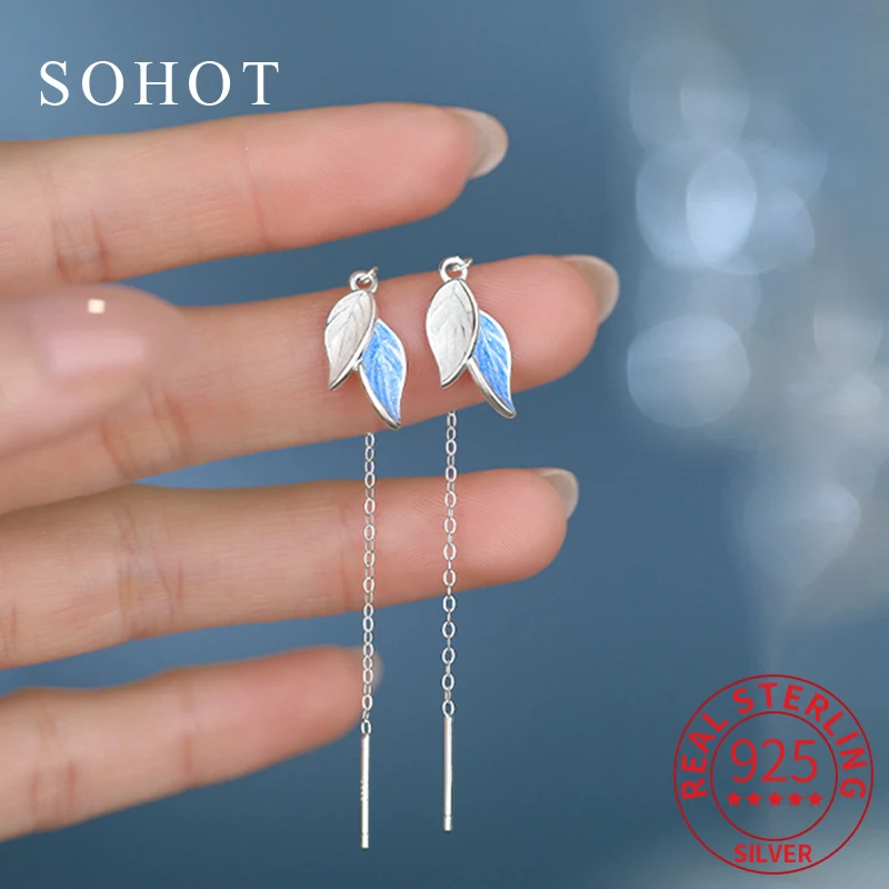 

Real 925 Sterling Silver Enamel Leaf Chain Tassel Stud Earrings for Charm Women Exquisite Fine Jewelry Light Luxury Accessories
